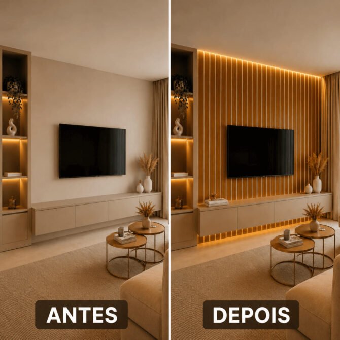 Painel-Ripado-Decoracao-2 Decoração para Parede de Sala: 25 Ideias Lindas e Baratas para Transformar o Ambiente