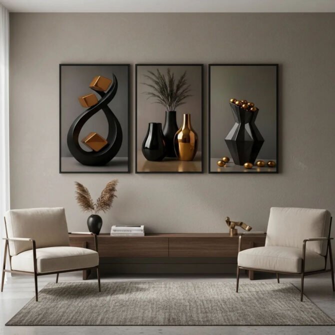 Quadro-Decorativo-3-Pecas-Abstrato-Geometrico-1 Decoração para Parede de Sala: 25 Ideias Lindas e Baratas para Transformar o Ambiente