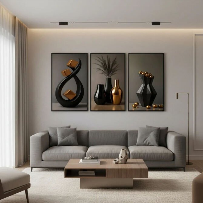 Quadro-Decorativo-3-Pecas-Abstrato-Geometrico-2 Decoração para Parede de Sala: 25 Ideias Lindas e Baratas para Transformar o Ambiente