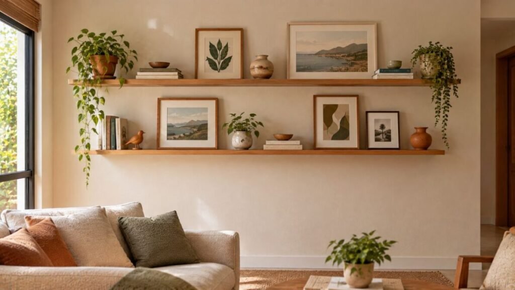 decoracao-para-parede-de-sala-Combine-quadros-com-prateleiras-1024x576 Decoração para Parede de Sala: 25 Ideias Lindas e Baratas para Transformar o Ambiente