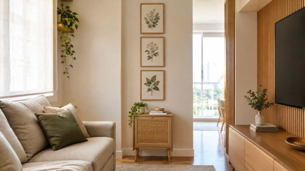 decoracao-para-parede-de-sala-Composicao-vertical-para-parede-estreita-1024x576 Decoração para Parede de Sala: 25 Ideias Lindas e Baratas para Transformar o Ambiente
