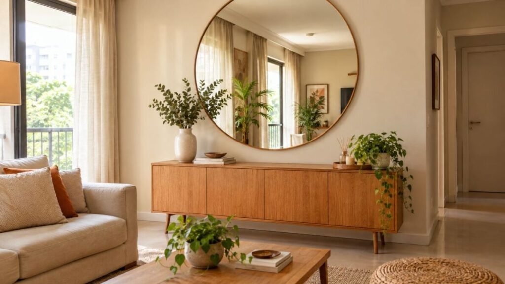 decoracao-para-parede-de-sala-Espelho-grande-1024x576 Decoração para Parede de Sala: 25 Ideias Lindas e Baratas para Transformar o Ambiente