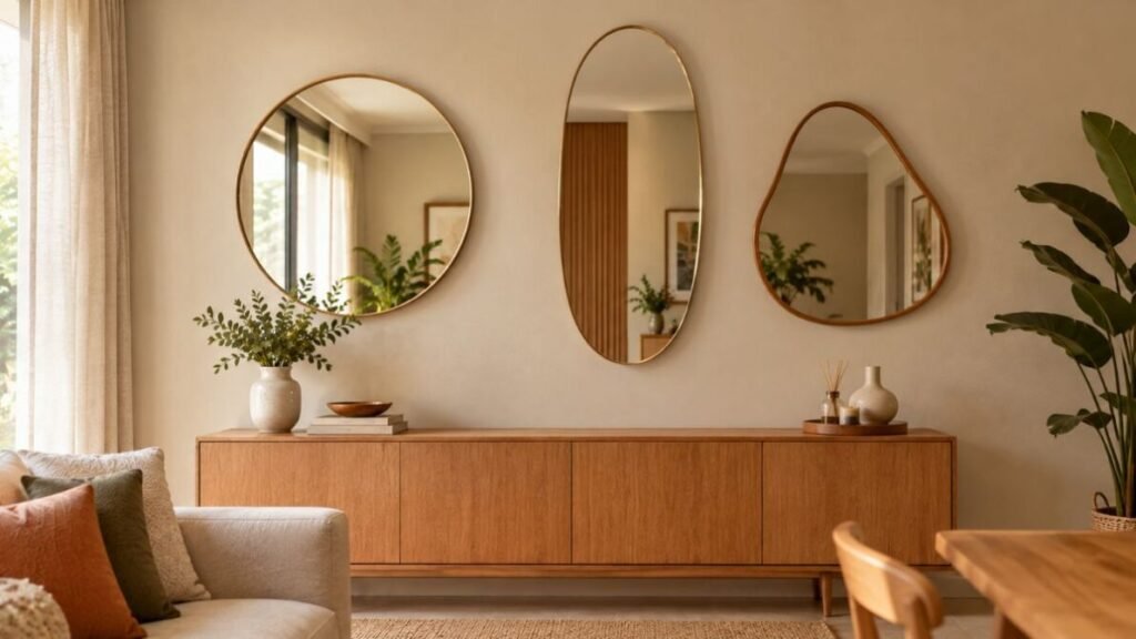 decoracao-para-parede-de-sala-Espelhos-de-formatos-diferentes-1024x576 Decoração para Parede de Sala: 25 Ideias Lindas e Baratas para Transformar o Ambiente