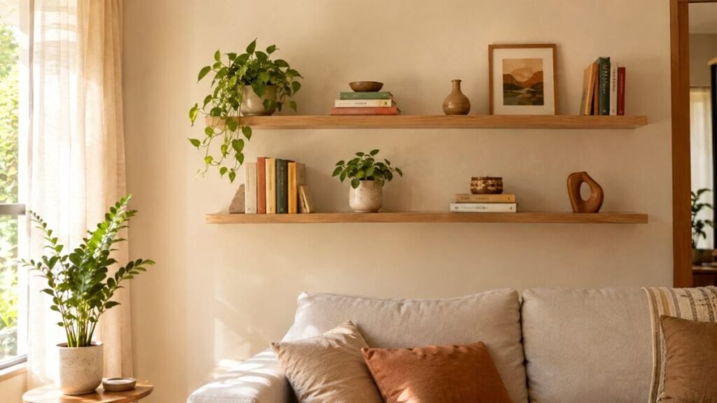 decoracao-para-parede-de-sala-Prateleiras-decorativas-1024x576 Decoração para Parede de Sala: 25 Ideias Lindas e Baratas para Transformar o Ambiente