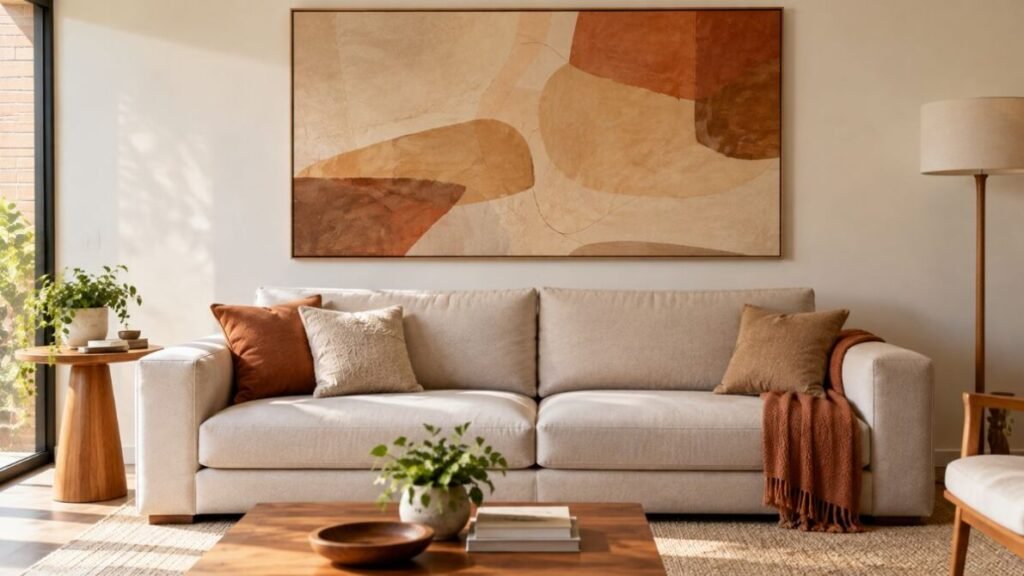 decoracao-para-parede-de-sala-Quadro-grande-como-ponto-focal-1024x576 Decoração para Parede de Sala: 25 Ideias Lindas e Baratas para Transformar o Ambiente