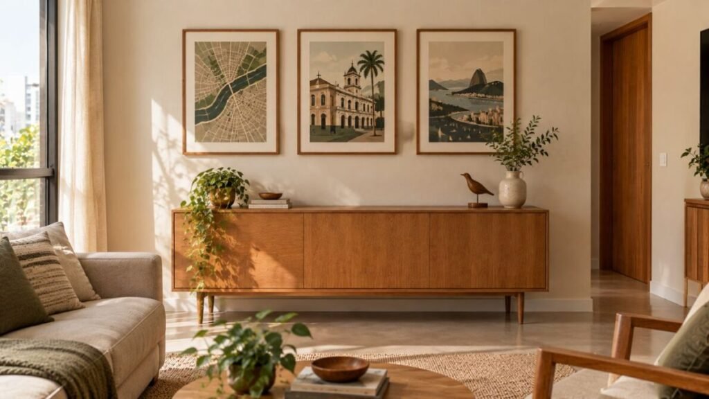 decoracao-para-parede-de-sala-composicao-com-mapas-e-ilustracoes-1024x576 Decoração para Parede de Sala: 25 Ideias Lindas e Baratas para Transformar o Ambiente