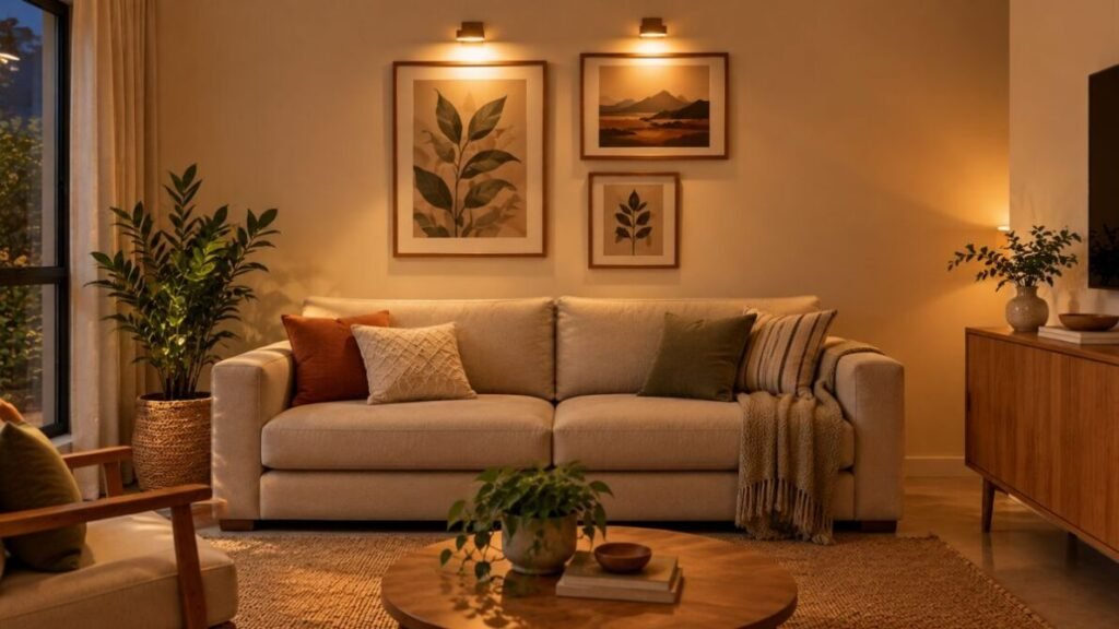 decoracao-para-parede-de-sala-parede-com-iluminacao-decorativa-1024x576 Decoração para Parede de Sala: 25 Ideias Lindas e Baratas para Transformar o Ambiente