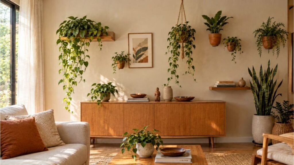 decoracao-para-parede-de-sala-parede-com-plantas-naturais-1024x576 Decoração para Parede de Sala: 25 Ideias Lindas e Baratas para Transformar o Ambiente