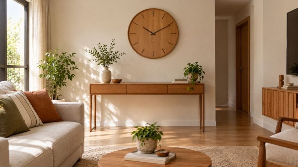 decoracao-para-parede-de-sala-relogio-de-parede-como-destaque-1024x576 Decoração para Parede de Sala: 25 Ideias Lindas e Baratas para Transformar o Ambiente