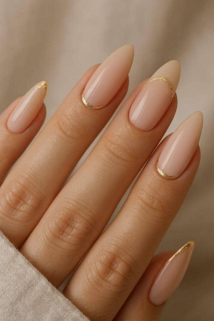 unhas-Nude-com-detalhe-dourado-2-683x1024 Unhas Elegantes: 25 Inspirações Sofisticadas, Delicadas e Fáceis de Combinar
