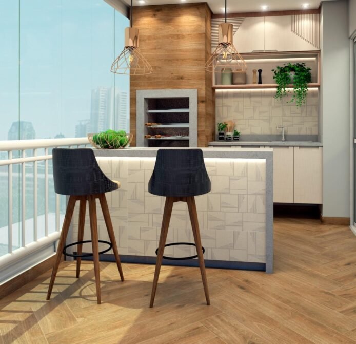 Bancada-compacta-com-banquetas-1 7 Ideias Inteligentes de Decoração para Varanda Gourmet Pequena