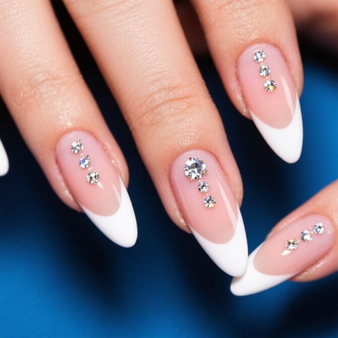 Francesinha-com-pedrarias-ou-strass-2 Unhas Francesinhas: 20 Ideias Elegantes para Usar em Diferentes Ocasiões