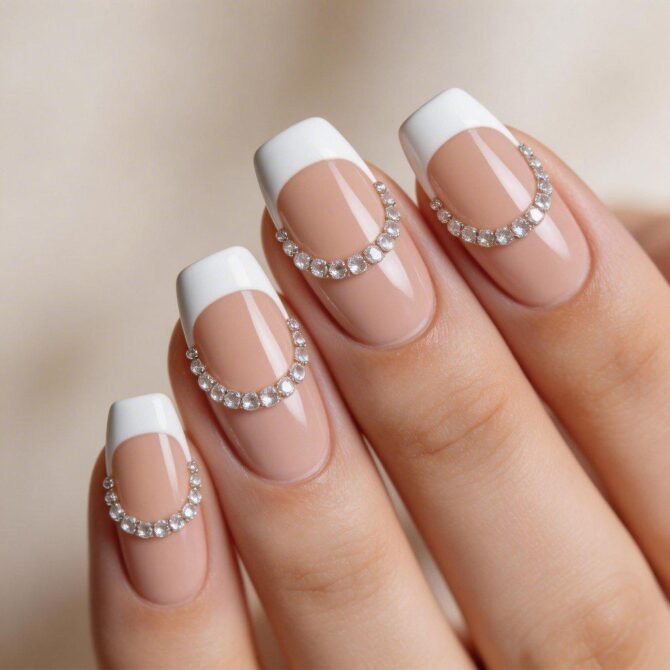 Francesinha-com-pedrarias-ou-strass-5 Unhas Francesinhas: 20 Ideias Elegantes para Usar em Diferentes Ocasiões