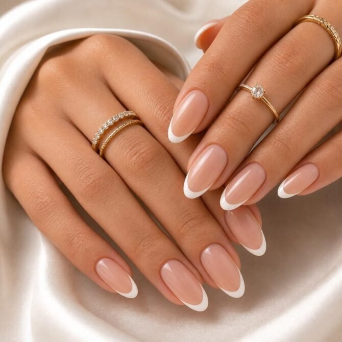 Francesinha-em-unhas-amendoadas-2 Unhas Francesinhas: 20 Ideias Elegantes para Usar em Diferentes Ocasiões