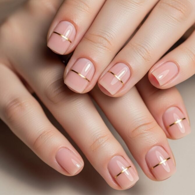 Unhas-curtas-com-detalhe-dourado-1 Unhas Curtas: 20 Ideias Elegantes e Fáceis para se Inspirar