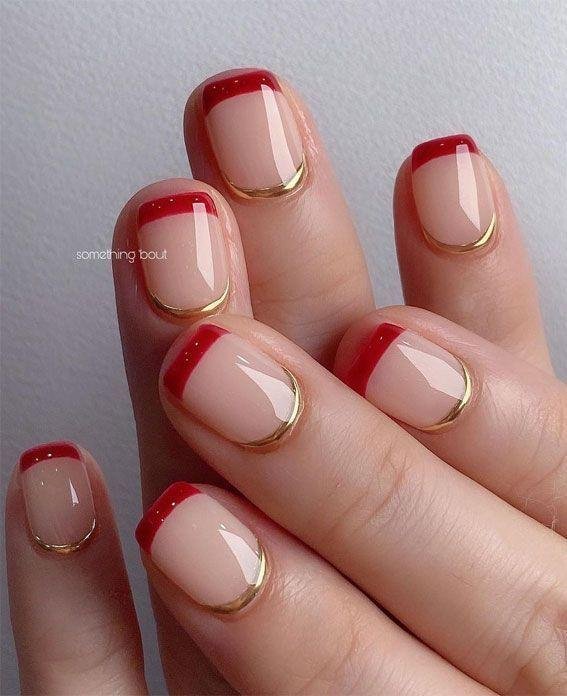 Unhas-curtas-vermelhas-com-detalhe-minimalista-2 Unhas Curtas: 20 Ideias Elegantes e Fáceis para se Inspirar