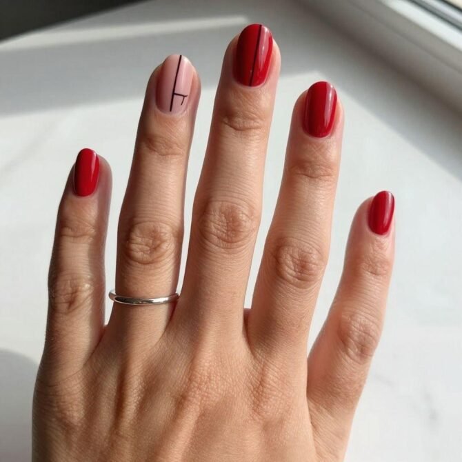 Unhas-curtas-vermelhas-com-detalhe-minimalista-6 Unhas Curtas: 20 Ideias Elegantes e Fáceis para se Inspirar