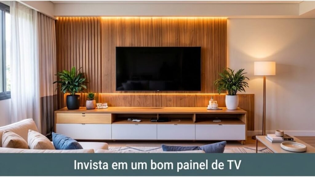 painel-de-TV-funcional-e-bonito-1024x576 Decoração de Sala: 20 Ideias para Deixar o Ambiente Bonito e Aconchegante